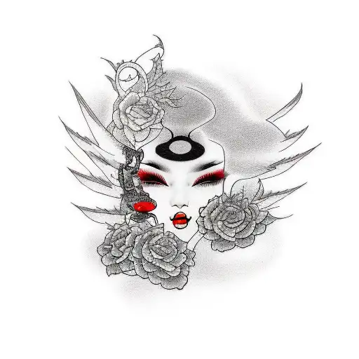 [    "Generate a color oldschool tattoo depicting a female version of Eros with black hair."] tattoo design idea