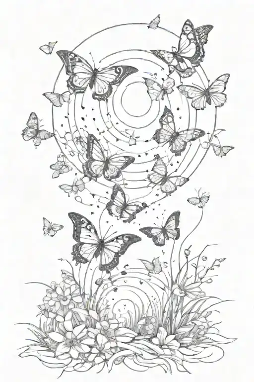A trail of delicate butterflies leading towards a glowing sun in a scenic landscape tattoo design idea