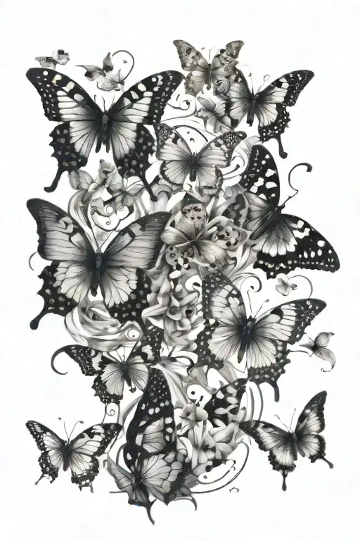 A collage of butterflies in various stages of metamorphosis, symbolizing growth and transformation, with water elements flowing through the design tattoo design idea