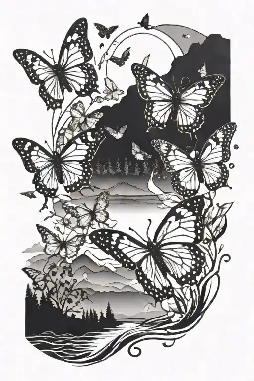 A trail of delicate butterflies leading towards a glowing sun in a scenic landscape tattoo design idea