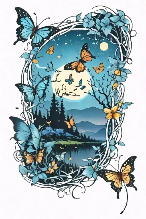 A trail of delicate butterflies leading towards a glowing sun in a scenic landscape tattoo design idea
