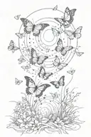 A trail of delicate butterflies leading towards a glowing sun in a scenic landscape tattoo design idea