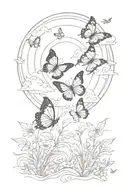 A trail of delicate butterflies leading towards a glowing sun in a scenic landscape tattoo design idea