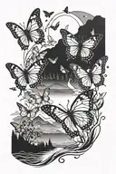 A trail of delicate butterflies leading towards a glowing sun in a scenic landscape tattoo design idea