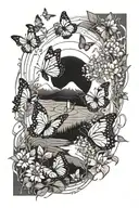 A trail of delicate butterflies leading towards a glowing sun in a scenic landscape tattoo design idea