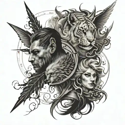 a tattoo that represents the meanings of "Kaidan", "Rosalie", "maverick", and "Jaxon". four separate pictures together tattoo design idea