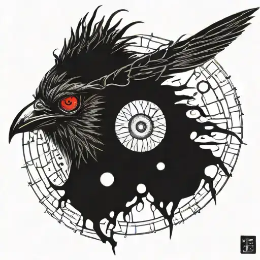 Combine Shisui Uchiha's Sharingan eye with a crow in a blackwork style tattoo design idea