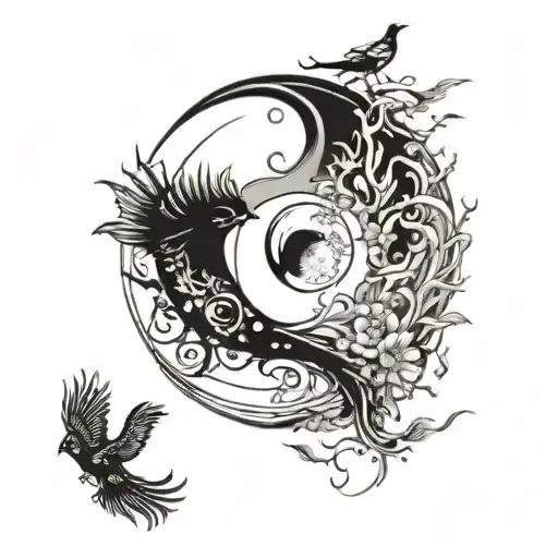 A crescent moon and sun forming a yin yang symbol, with birds perched on each side tattoo design idea