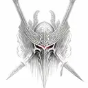 Tyrael from Diablo 2, standing, head facing down, holding a sword with both hands,  tattoo design idea