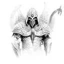Tyrael from Diablo 2, standing, head facing down, holding a sword with both hands,  tattoo design idea