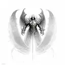Tyrael from Diablo 2, standing, head facing down, holding a sword with both hands,  tattoo design idea