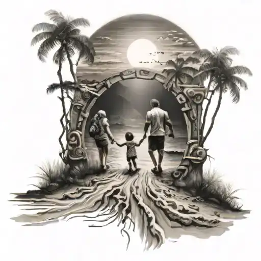 A guy from the dark goes to the sun, with his wife and child on a very difficult road, where paradise awaits them at the tattoo design idea
