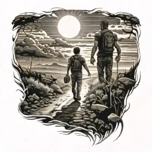 A guy from the dark walks towards the sun, where the road is very difficult tattoo design idea