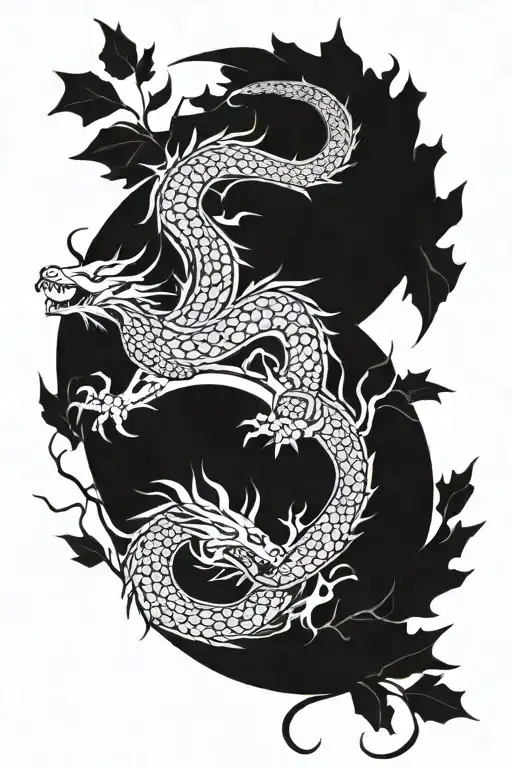 An elegant blackwork tattoo of a dragon and a dog forming a yin-yang symbol with nature elements intertwined tattoo design idea