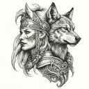 Viking woman warrior and wolf tattoo design idea