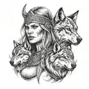 Viking woman warrior and wolf tattoo design idea