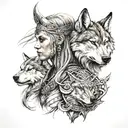 Viking woman warrior and wolf tattoo design idea
