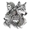 Viking woman warrior and wolf tattoo design idea