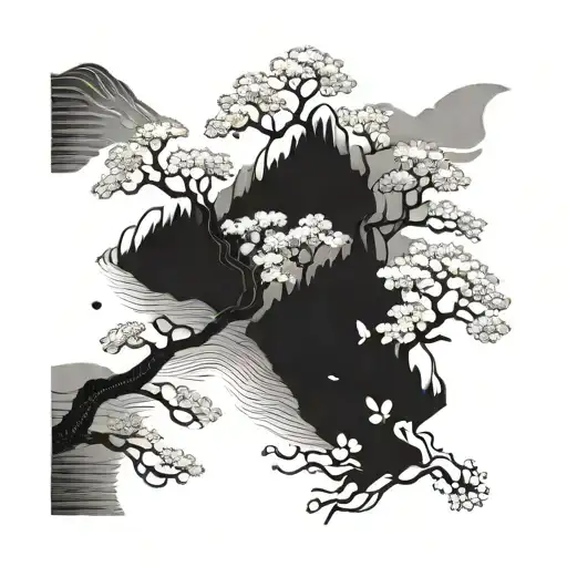 An abstract interpretation of a Korean landscape with cherry blossoms blooming in unexpected places tattoo design idea