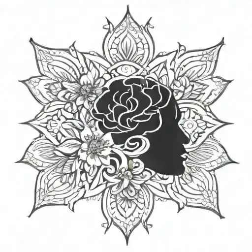 A mandala design incorporating elements of the brain and flowers, representing the balance and harmony needed for mental wellness tattoo design idea