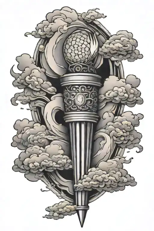 olympic torch, surrounded by clouds,  tattoo design idea