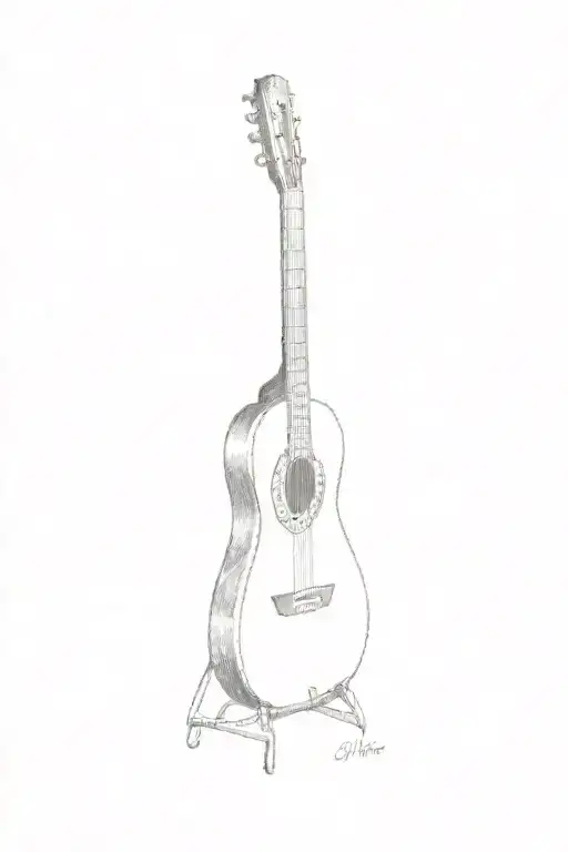 an acoustic guitar with the words "go to the mirror" in a large smoky, semi-transparent font tattoo design idea