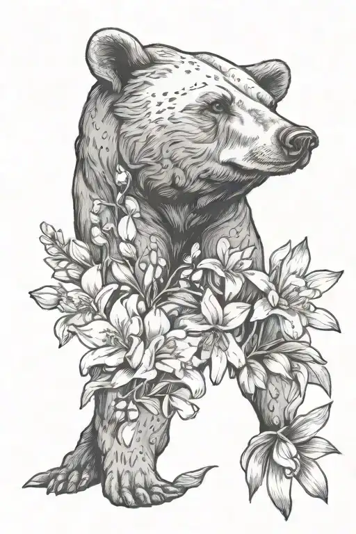 feminine forearm tattoo of mama bear protecting Lilly of the valley flowers and narcissus flowers.  tattoo design idea