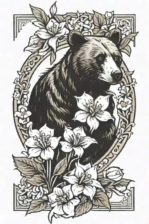 feminine forearm tattoo of mama bear protecting Lilly of the valley flowers and narcissus flowers.  tattoo design idea