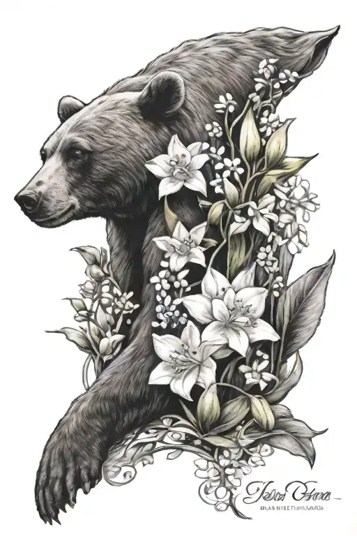 feminine forearm tattoo of mama bear protecting Lilly of the valley flowers and narcissus flowers.  tattoo design idea