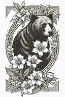 feminine forearm tattoo of mama bear protecting Lilly of the valley flowers and narcissus flowers.  tattoo design idea