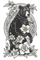 feminine forearm tattoo of mama bear protecting Lilly of the valley flowers and narcissus flowers.  tattoo design idea