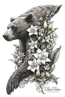 feminine forearm tattoo of mama bear protecting Lilly of the valley flowers and narcissus flowers.  tattoo design idea