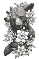 feminine forearm tattoo of mama bear protecting Lilly of the valley flowers and narcissus flowers.  tattoo design idea