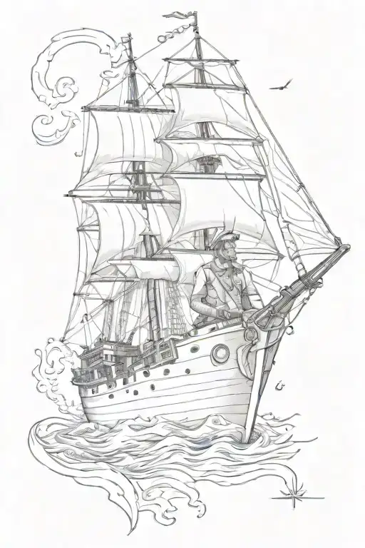 Name captain doug right above a big boat sailing tattoo design idea