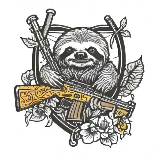 sloth hanging by a rifle psychedelic mushroom tattoo design idea