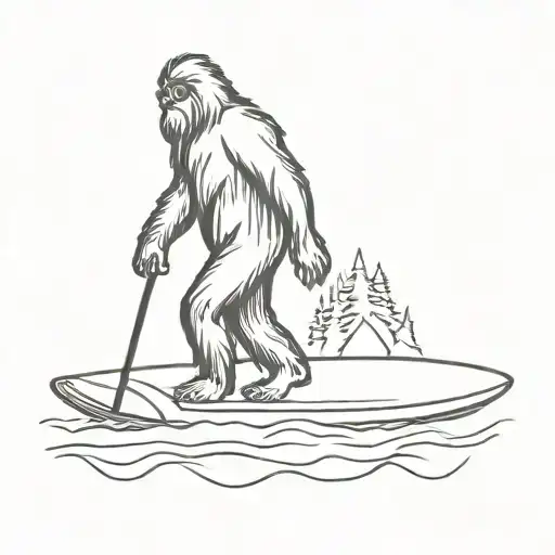 SASQUATCH WITH SUNGLASSES WALKING WITH SURFBOARD tattoo design idea