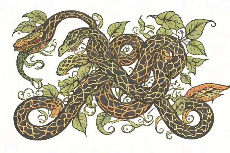 A collection of plant vines morphing into snake heads, showcasing a unique blend of beauty and danger tattoo design idea