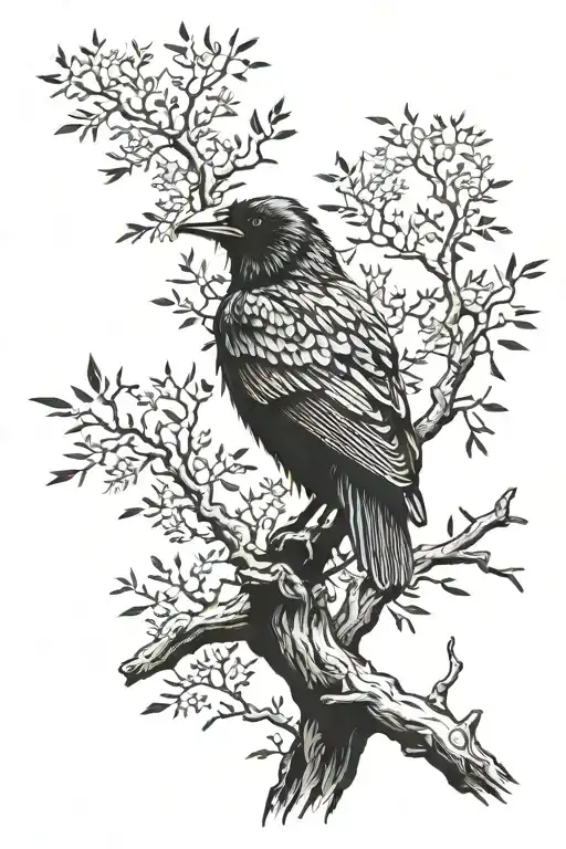 Raven perched on a tree branch facing forwards tattoo design idea