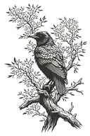 Raven perched on a tree branch facing forwards tattoo design idea