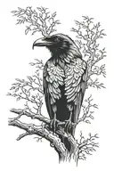 Raven perched on a tree branch facing forwards tattoo design idea