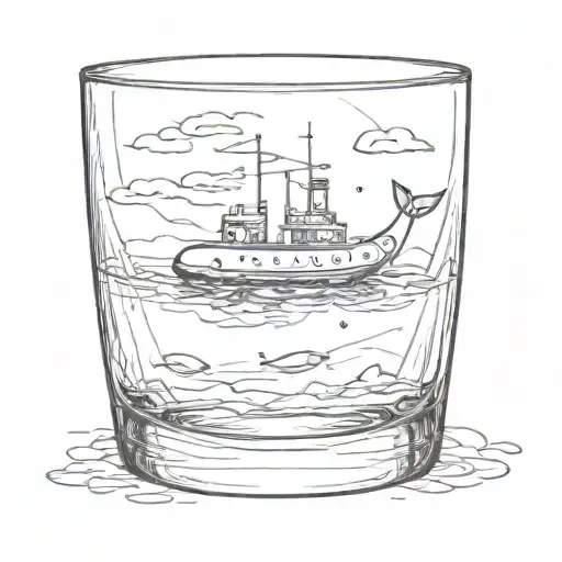 A sketch-style whisky glass with a tiny submarine floating inside tattoo design idea