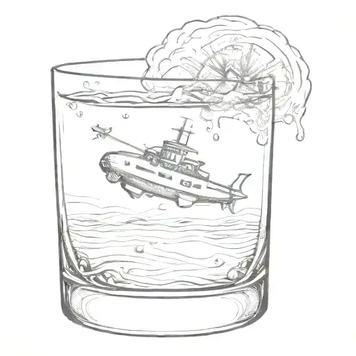 A sketch-style whisky glass with a tiny submarine floating inside tattoo design idea