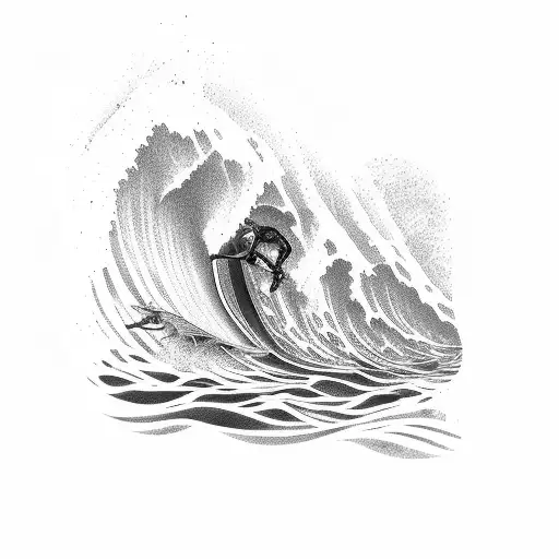 skeleton surfing big wave tattoo design idea