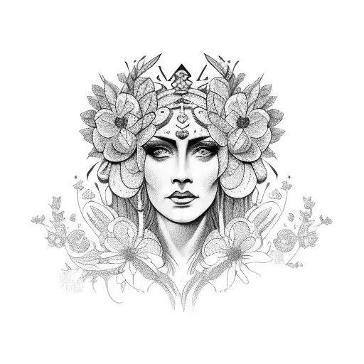A tattoo of the Goddess Nyx surrounded by a field of vibrant flowers tattoo design idea