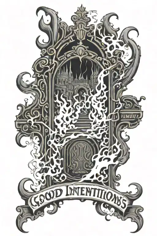 gates to hell with flames and the devil inside, pavement leading to it with the words "good intentions" written on it tattoo design idea