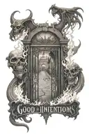 gates to hell with flames and the devil inside, pavement leading to it with the words "good intentions" written on it tattoo design idea