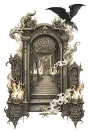gates to hell with flames and the devil inside, pavement leading to it with the words "good intentions" written on it tattoo design idea
