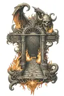 gates to hell with flames and the devil inside the pavement leading to it with the words "good intentions" written on it tattoo design idea