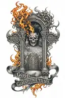 gates to hell with flames and the devil inside the pavement leading to it with the words "good intentions" written on it tattoo design idea