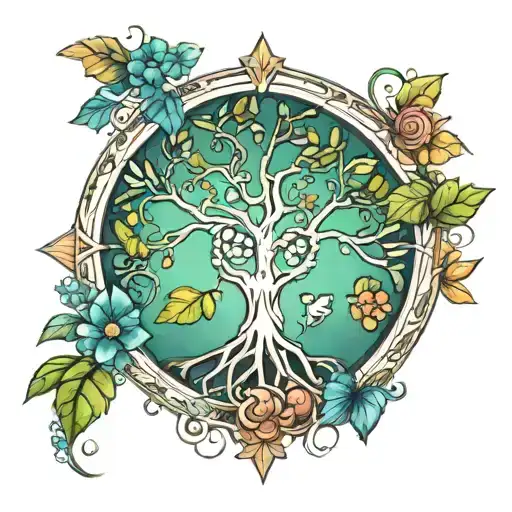 A stylized tree of life incorporating elements of the four seasons tattoo design idea